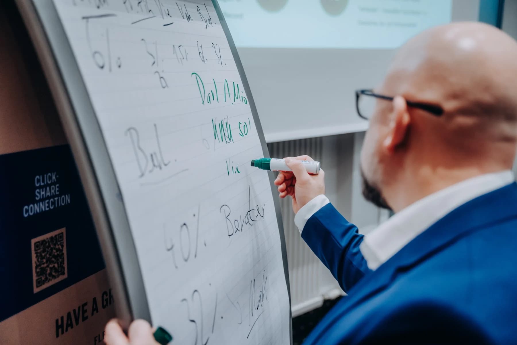 Michael Schumann notiert Finanzierungs- und Eigenkapitalanteile auf einem Whiteboard